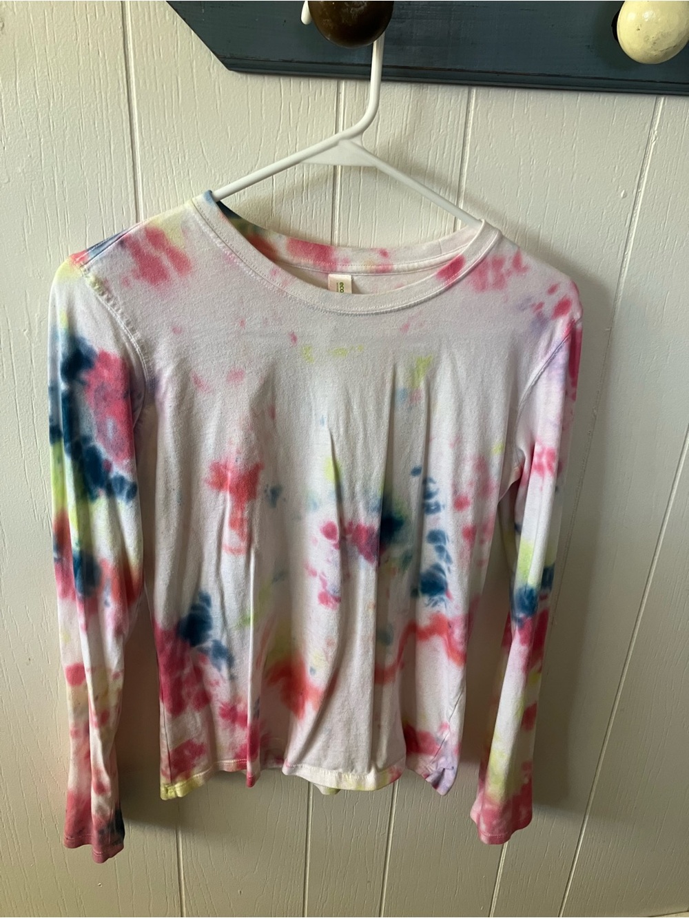 Long-Sleeve Tie-Dye Crewneck Top - White with Pink, Blue & Yellow Accents